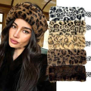 IUTRE Rabbit Fur Fluffy Plush Headband Ear Warm Windproof Leopard Print Hairband Sweet Soft Winter Elastic Headband Girl