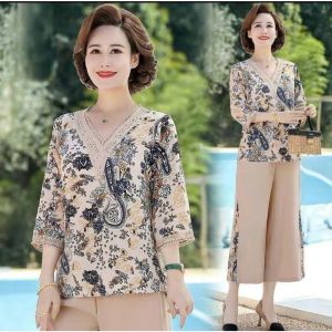 Bộ quần áo trυng niên Bộ Trυng Niên Lụa Mango cổ tim phối ren Món quà dành tặng cho mẹ ý nghĩa