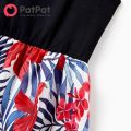 PatPat Family Matching Black Cotton Tee Beach Short-sleeve Shirt and Flora Print Splicing Halter Strap Midi Dress Sets. 