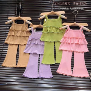 80-140 Ready Stock Children Casual Sling Suit Flared Pants Baby Girl Sling Skirt Fashionable Children Clothing Fast Shipping
