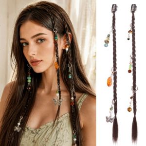VB45D 1/2/4pcs Bohemian style Braided Hair Extensions 18-Inch with BB Clips Tassel Headwear Wig Fashion Box Braid Braided Ponytail Hairpieces for Women Children