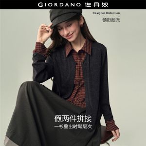 GIORDANO Women Cardigans Fake Two-Piece Gingham Layered Cardigans Button Closure Fashionable Casual Relaxed Cardigans 18356321