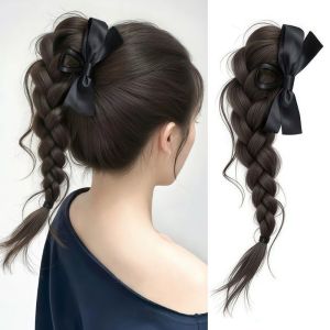 GJURD Long Bow Braids Ponytail Extensions Claw Clip 16 Inch Twist Braid Hairpiece Vintage Natural Handmade Braids Pony Tails for Women