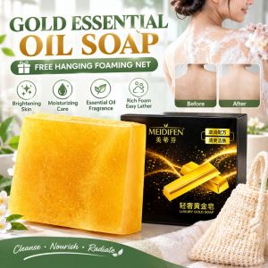 Gold Bar Soap with Foaming Net Essential Oil Bath Soap Brightening Moisturizing Body Soap Rich Foam Easy Lather Long-Lasting Fragrance for Women Men Daily Bath Care