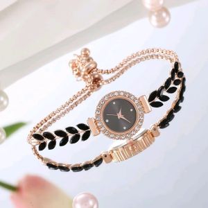 Jam Tangan Wanita Tali Serut Motif Daun Full Diamond Stainless Jam Tangan Wanita Style Korea Trendi Kekinian Jam Tangan Wanita Desain Simple Mewah Bercahaya Fashion Cewek Dewasa Kekinian Model Terbaru Aksesoris Arloji Woman Watches -JWT-09