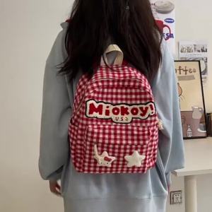 Korean Style Red and White Plaid Schoolbag for Women   Nylon Waterproof Splash New Backpack for College Students ins Large-capacity trendy backpack for middle and high school students  #2336