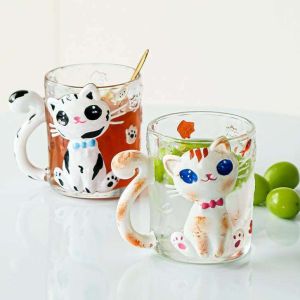 ☕☕แก้วน้ำ300ml แก้วมีหูลายแมว แก้วแมวการ์ตูน แก้วน้ำมีหูจับ แก้วกาแฟหูจับหางแมว🐈😺