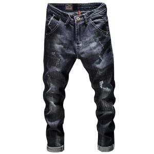 2023 New Boutique Sleek Minimalist Hole Stretch Mens Black Jeans Male Casual Jeans Trousers Size 27-38