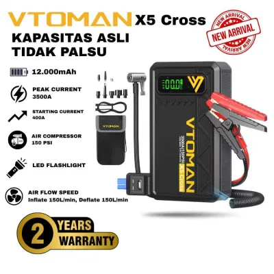 VTOMAN X5 Cross Jumper Aki Mobil Motor 12000mAh Portable Jump Starter 4in1 Pompa Ban Elektrik & Powerbank LED Emergency Air