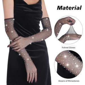 Elastic Womens Mesh Gloves with Colored Flash Diamonds Bungee Stage Performance Hollow Fishing Net Punk Hiphop Glove