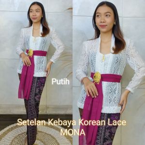 Setelan Kebaya Brokat Korean Lace Mona dan Bawahan Kamen Moscrepe Songket Batik Free Selendang Pengantin Pesta Wisuda Modern Bali