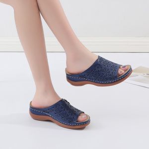 [Free Shipping] Round-Toe Retro Ethnic-Style Solid-Color WomenS Sandals With Hollow-Out Detailing Stitched Design Wedge Heel Comfortable And Available In Plus Sizes – Perfect For Moms
