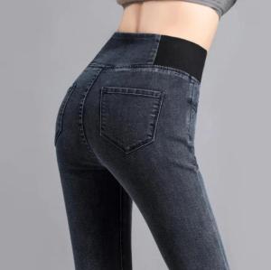 High waisted denim pants for women autumn / winter plus size slim legged pants elastic waist black