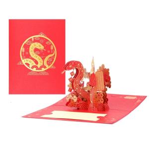 3D Popup New Year Gold Foil 2025 Snake Year Greeting with Envelope Handmade Present for Spring Festival