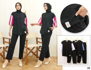 Oneset Wanita Salur Bahan Catton Import Premium 20s Stelan Kekinian Trend Fashion Kaos set
