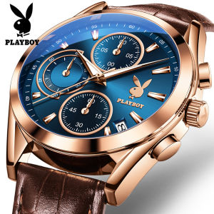 PLAYBOY 2024 ใหม่ของแท้นาฬิกาผู้ชายกันน้ำปฏิทินนาฬิกาควอตซ์สายหนังแท้มัลติฟังก์ชั่ส่องสว่างโครโนกราฟผู้ชายนาฬิกาสปอร์ต