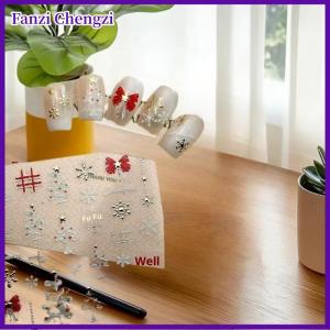 Fanzi สติกเกอร์ศิลปะเล็บเกล็ดหิมะต้นคริสต์มาสสีขาวสไตล์น่ารักตกแต่งเล็บรูปโบว์สีแดงพิมพ์ลายนูนสติกเกอร์ตกแต่งเล็บเทศกาล