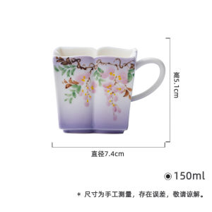 墨己玉泥手绘紫藤花家用茶杯日式提耳花口方形品茗杯主人杯单杯