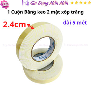 SKU123 - 1 Cây băng keo 2 mặt xốp trắng rộng 2.4cm dài 5 mét mỗi cuộn lõi giấy 3mm - 1 cây có 5 cuộn - Gia Dụng Mẫn Mẫn