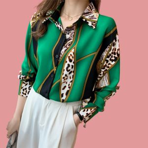 New Fashion Korean Style High Quality Fabric Green Geometric Pattern Chiffon Women Long Sleeve Shirt OL Office Casual Loose Shirts
