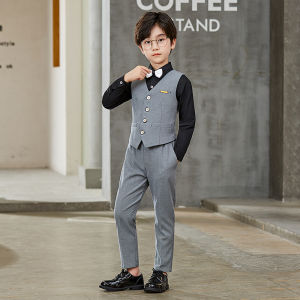 lontakids 4Pcs Kids Boys Plain Formal Suit (Vest+Pants+Long Sleeve Shirt+Bow Tie) Children Piano Recital Attire Gentleman Ring Bearer Clothing Set Wedding Birthday Party Clothing Set Dresswear For 2-14 Years