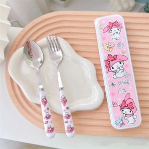 Kawaii Sanrio Tableware Hello Kitty Chopsticks Spoon Fork Cartoon Cute Kuromi My Melody Anime Student Family Soup Stainless Steel Toys Girls