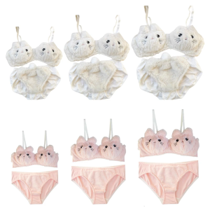 Womens 2Pcs Furry Bra and Panty Set Big Eyes Cats Plush Brassiere Underwear Cartoon Anime Lingerie Cartoon Bikini Set