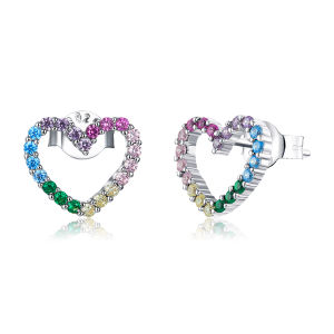 BAMOER Pink Heart Stud Earrings for Women 925 Sterling Silver Rainbow Ear Studs Jewelry Birthday Gifts SCE891