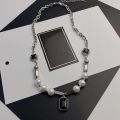 huiheyu necklace for men aesthetic stainless steel necklace kwintas pang lalaki Geometric Hip Hop Cold Wind Style Party Black Gem Pendant Gift Female Choker Korean Style Necklace Pearl Necklace Clavicle Chain. 