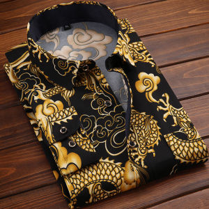 Shirts For Men New Model Shirt S Dragon Pattern Chinese Style Casual Hawaiian Shirt Mens Clothing Fashion Long Sleeve Turn-down Collar