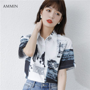 AMMIN Tops 2021 Summer Retro Unique Printing Hong Kong Version Chiffon Shirt Womens Short-sleeved Loose Lapel Single-breasted Blouse