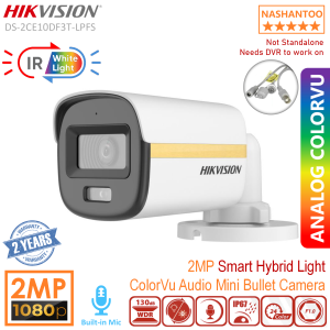 (2025 New)HIKVISION DS-2CE10DF3T-LPFS Smart Hybrid Light ColorVu 4in1 2MP Audio Outdoor CCTV Bullet Analog Camera Full Time Color Built-In-MIC IP67 CCTV Camera with Weatherproof Colored Night Imaging NASHANTOO
