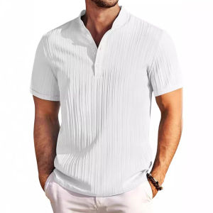 Men Summer Top Stand Collar Buttons Solid Color Striped Texture Retro Loose Fit Short Sleeves Mid Length Casual Business Men Office T-shirt