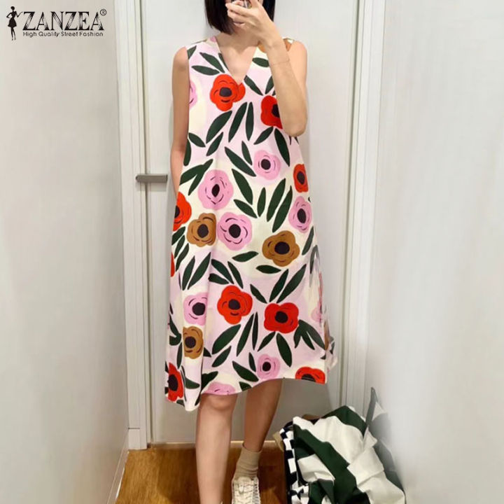 ZANZEA Korean Style Women Holiday Printing Sleeveless V-Neck Sundress ...