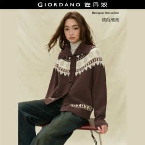 Giordano Women Ethnic jacquard toggle buttons cardigan Free Shipping 18355716