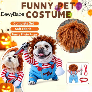 DEWYBABE Funny Pet Costume Chucky and Cowboy Halloween Cosplay Outfits with Hat & Wig for Dogs & Cats