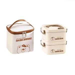 Bộ Hộp cơm giữ nhiệt SwireBear SUS304 700ml nắp lock chống tràn sử dụng cho lò vi sóng kèm túi đựng và muỗng đũa inox gọn nhẹ cực xinh