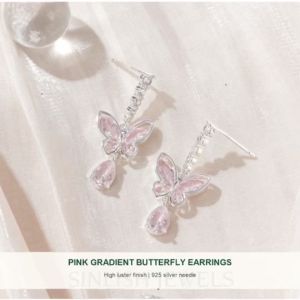 SINLISH Crystal Butterfly Earrings Pink Gradient with Diamonds Korean Trendy Jewelry (one pair)