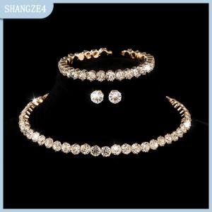 【SHANGZE4】 4 cái bộ Phụ Nữ Pha Lê Trang Sức Set Cho Phụ Nữ Quyến Rũ Vòng Cổ Vòng Đeo Tay Stud Bông Tai Trắng Zircon Chuỗi Vòng Cổ