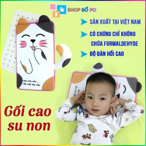 Gối cao su non cho bé hình Mèo Con - Vỏ cotton mát ruột cao su non có lỗ tháng khí mềm mịn