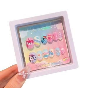 GUAIP Little Pony Horse Children False Nails Capybara Kuromi Melody Kids Cartoon Fake Nails Cute Short Square Shaped Cartoon Nail Accessories Kids Toys