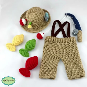 Adorable Newborns Baby Knit Fishing Photography Outfit with Matching Hat & Knitted Fishing Gear Comfortable Fabric