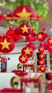 [2/9] Lồng Đèn Giấy Xếp Đỏ In Sao Vàng Trang Trí Trung Thu Lễ 30/4 Quốc Khánh 2/9 Decor Quán Cafe Background chekcin