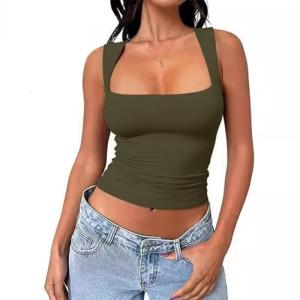 Thanh lịch của phụ nữ không tay áo ba lỗ hiện đại Vuông Cổ thoáng khí hai lớp áo ba lỗ S mùa hè đơn giản áo bó