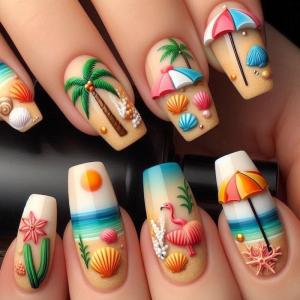 24pcs Summer Style 3D Beach Press On Nail Medium Ballet False Nail French Art Tips Full Cover Stick on Nail for Women