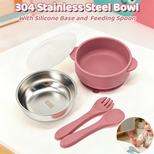 2in1 304 Stainless Steel Bowl with Silicone Base and Feeding Spoon Anti-Scald BPA Free 6M+