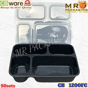CB 1200FC 4 Compartment Black Container with Dome LidDisposable Plastic PP Lunch Food Box - Bento - Four Ware - Chunbe CBware FC1200 1200 FC QC (50sets)