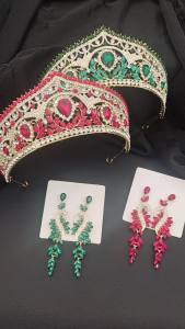 มงกุฎคริสตัลสีเขียวราชินี ชุดต่างหูมงกุฎแต่งงาน มงกุฎเจ้าสาวสำหรับเจ้าหญิง เครื่องประดับผมเจ้าสาว