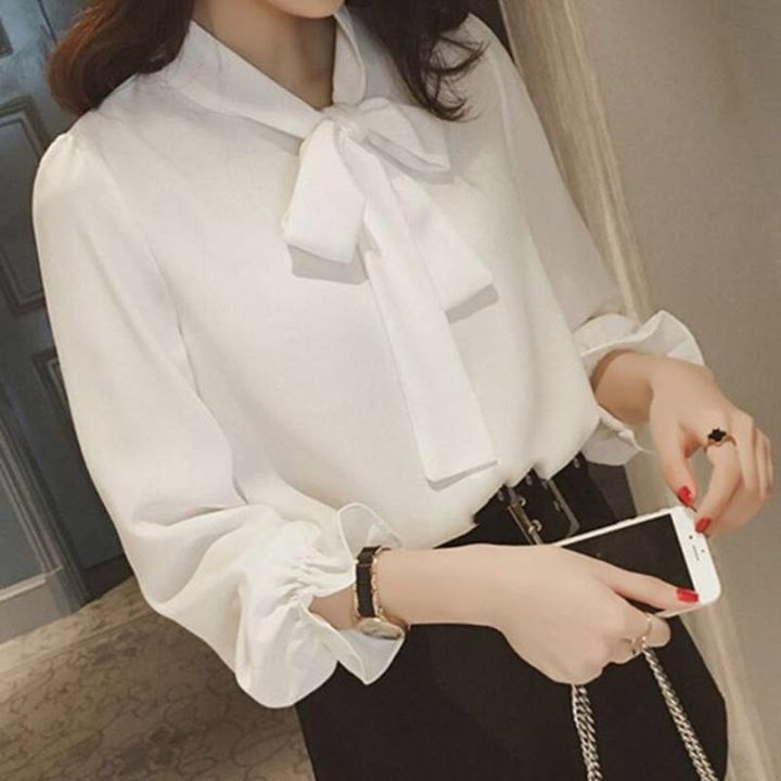 Blouse Women Chiffon Bow Solid Shirt Versatile Long Butterfly Sleeve ...