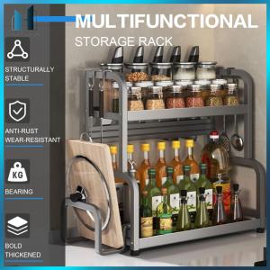 【Homelements】2/3 Layer Spice Organizer Carbon Steel Spice Shelf with 4 Hooks Seasoning Organizer Multi-Function Kitchen Accessories